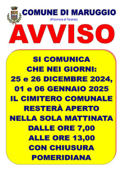 AVVISO ORARIO PUBBLICO CIMITERO chiusura NATALE 2024