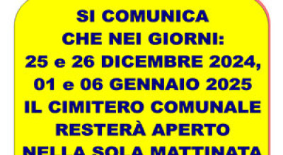 AVVISO ORARIO PUBBLICO CIMITERO chiusura NATALE 2024
