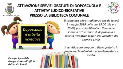 AVVIO ATTIVITA' DI DOPOSCUOLA E LUDICO RICREATIVE GRATUITE A FAVORE DI MINORI