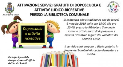 AVVIO ATTIVITA' DI DOPOSCUOLA E LUDICO RICREATIVE GRATUITE A FAVORE DI MINORI